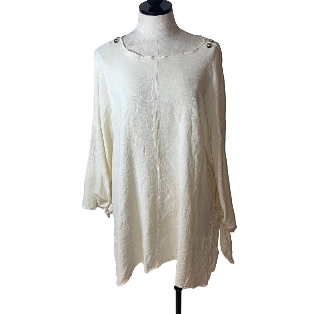 Maria De Guadalajara Womens Top Size Meduim Cream Tunic Side Slits Tie Sleeves